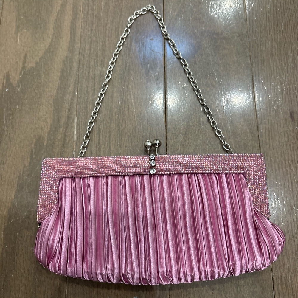 Pink Satin Pleated Evening Clutch with Chain